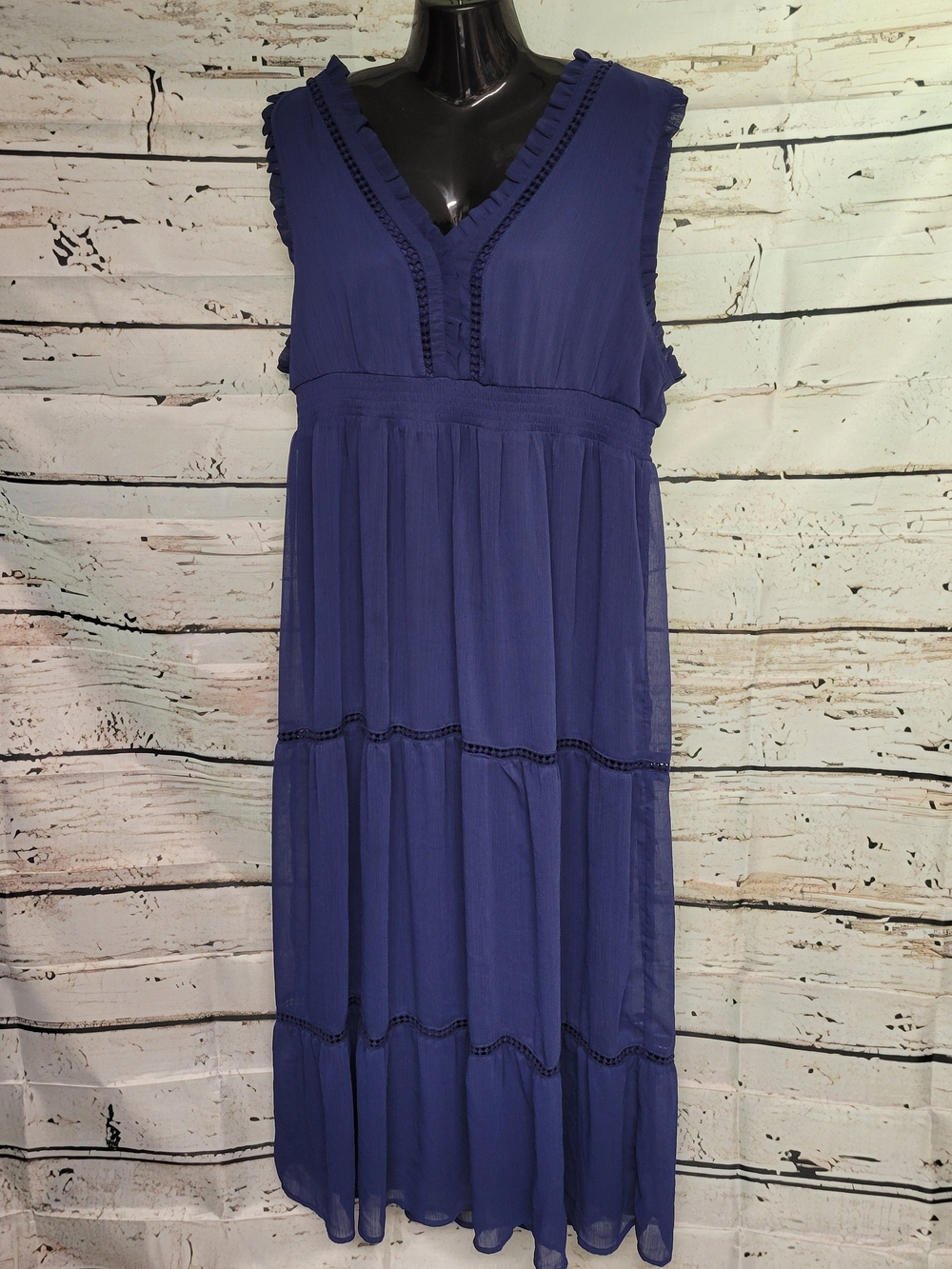 Cristina B Blue Sleeveless Maxi Dress Women's XL Boho Tiered Ruffle V-Neck Lined